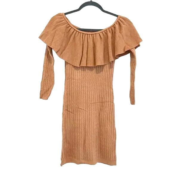 Olivaceous Sweater Dress Long Sleeve Bodycon Cashmere Blend Ruffle Nude Medium - Picture 3 of 5